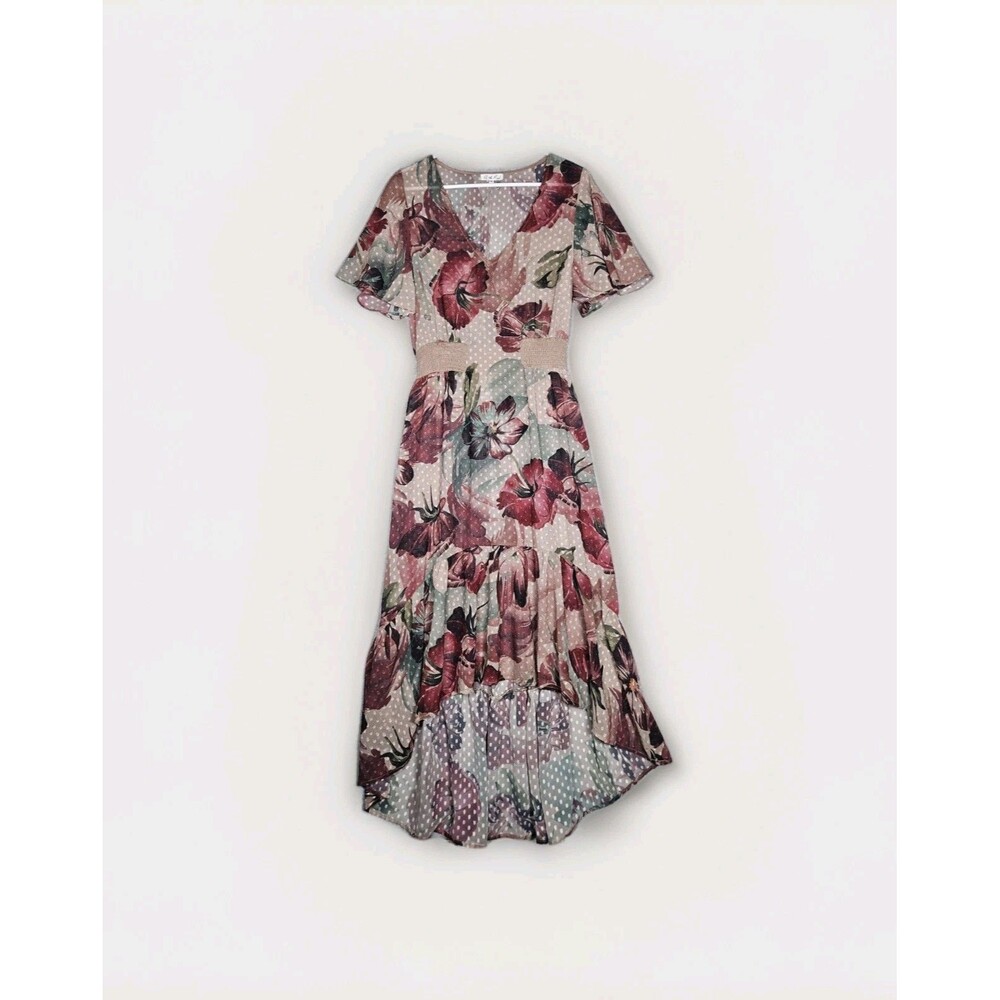On The Road Floral Sheer Mesh Maxi Dress Size Large High Low Hem Cottagecore